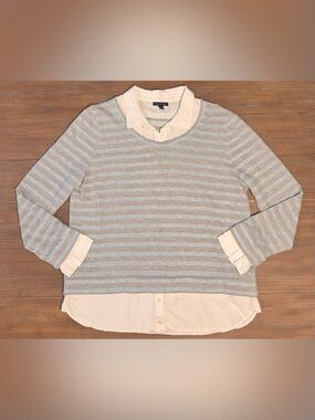 Tommy Hilfiger Light Blue & Cream Striped Layered-Effect Sweater Top